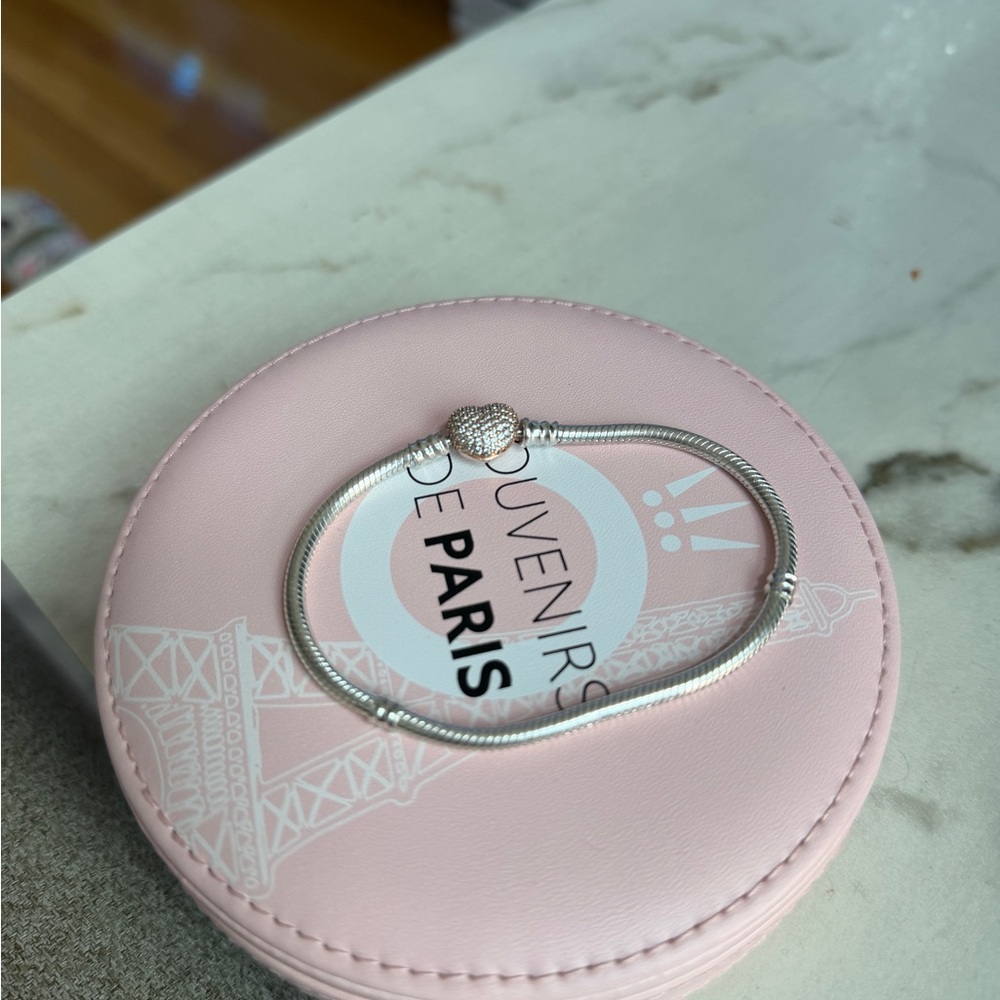 Rose Gold Heart Pave Pandora Silver Bracelet with Sparkling Clasp